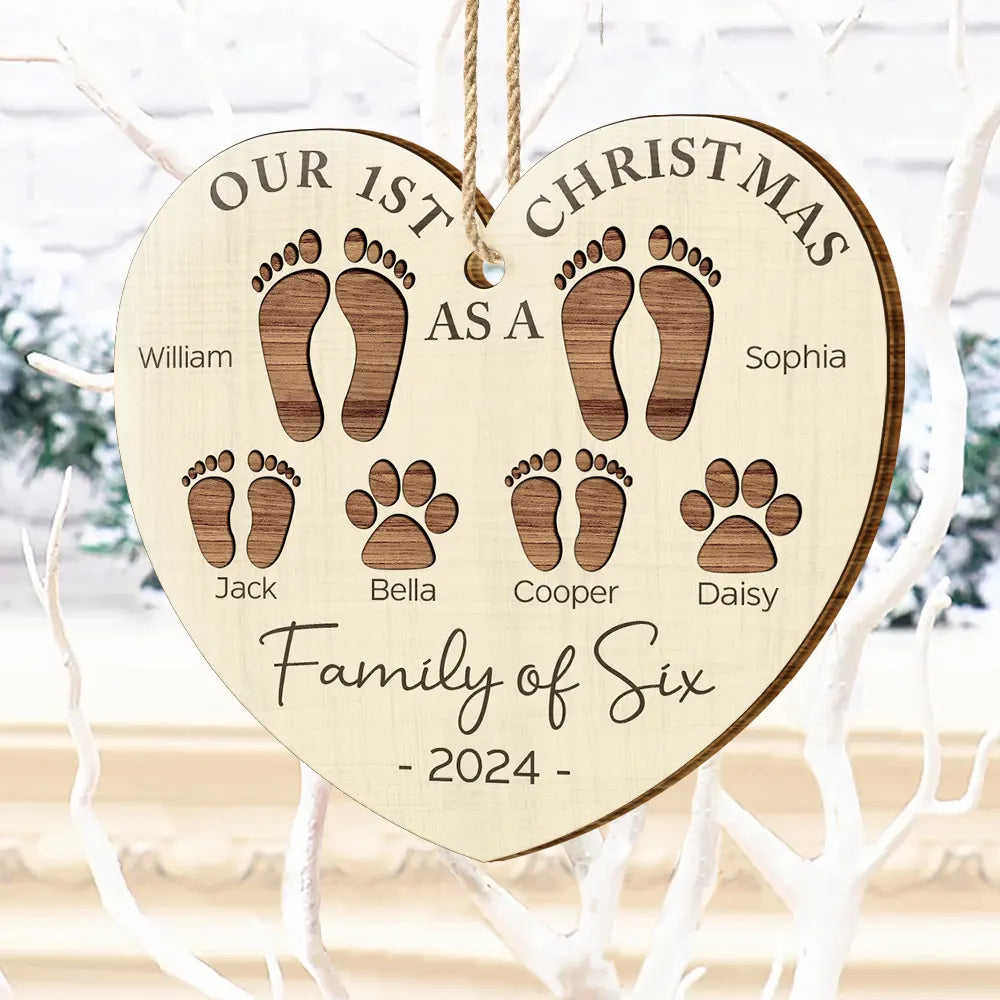 First Christmas As A Family Of Four Footprints - Personalized Custom Shaped Wooden Ornament