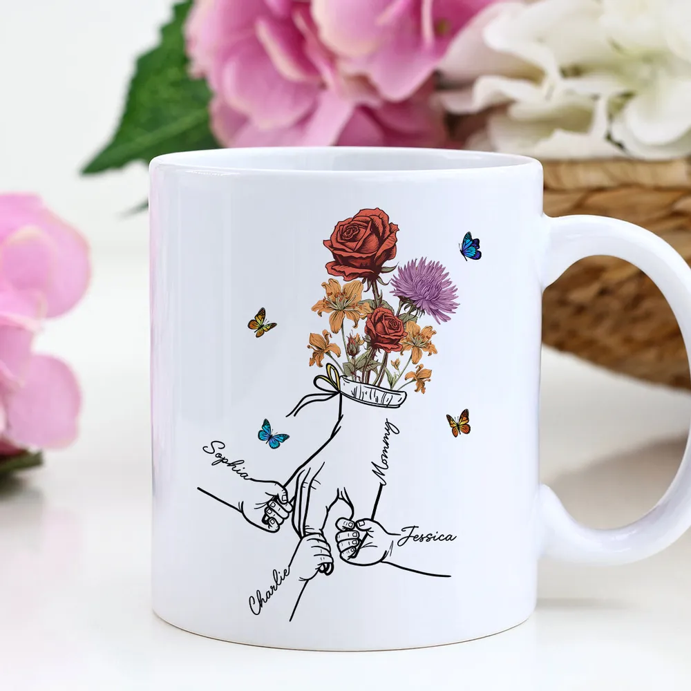 Holding Mom Grandma Hand Birth Month Flowers Personalized Mug