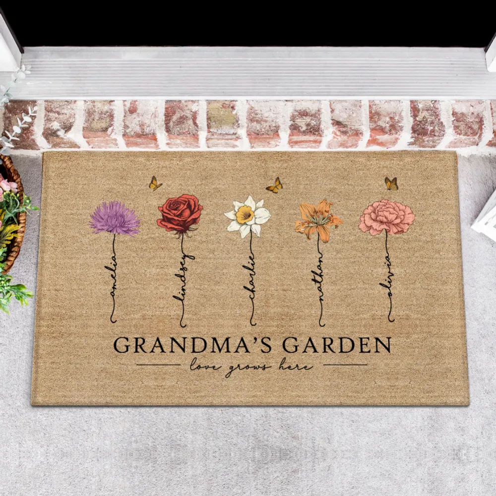 Grandma‘s Garden Love Grows Here Vintage Birth Flowers Swirl Name Personalized Doormat, Mother's Day Gift, Gift For Her, Mom, Grandma