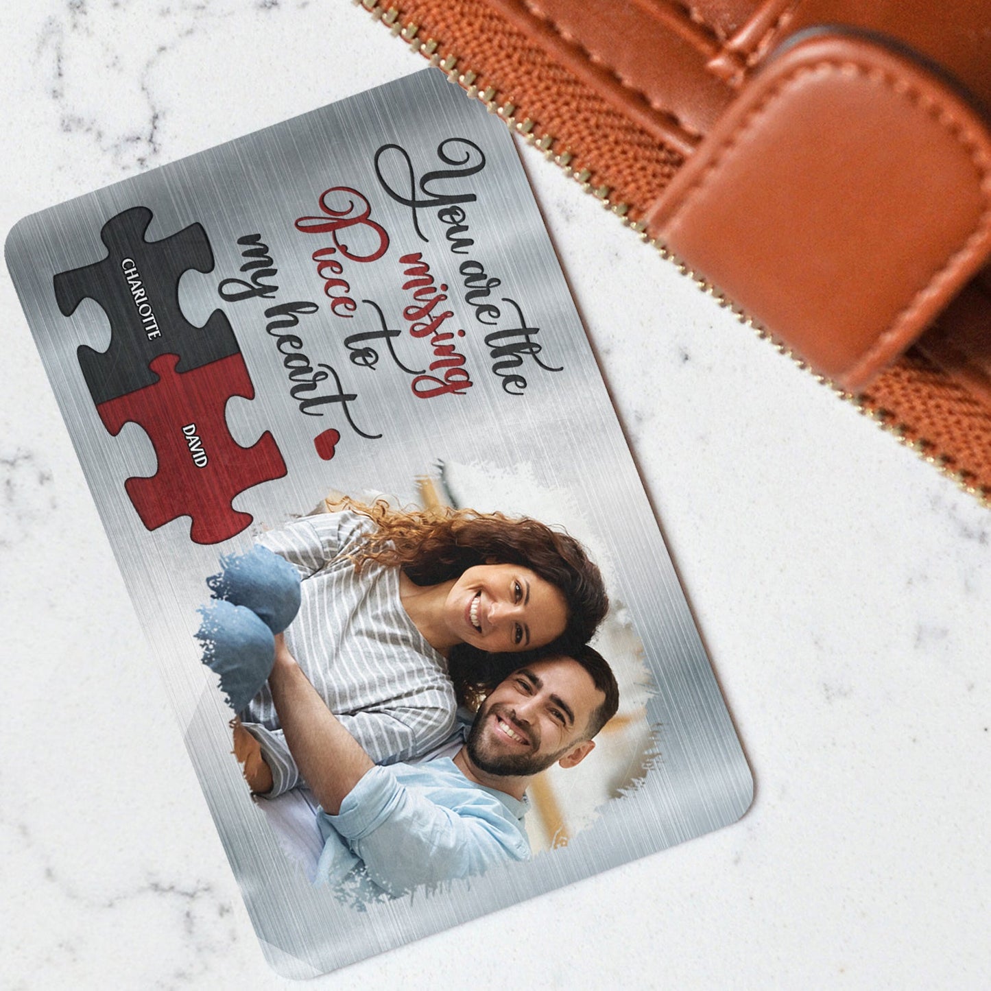 Missing Piece To My Heart - Anniversary Gift For Spouse, Lover, Couple - Personalized Custom Photo Aluminum Wallet Card