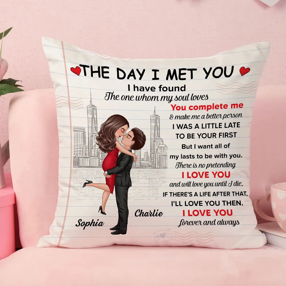 The Day I Met You Couple Skyline Personalized Pillow