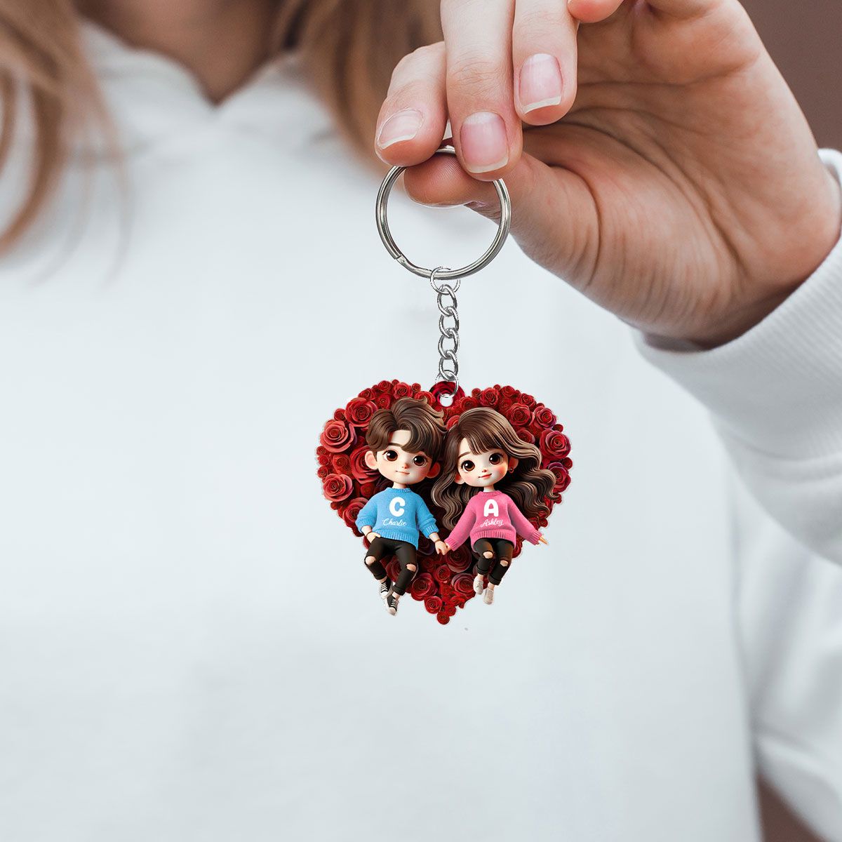 Cute Couple Lying On Rose Heart Personalized Acrylic Keychain, Gift for him, Gift for her