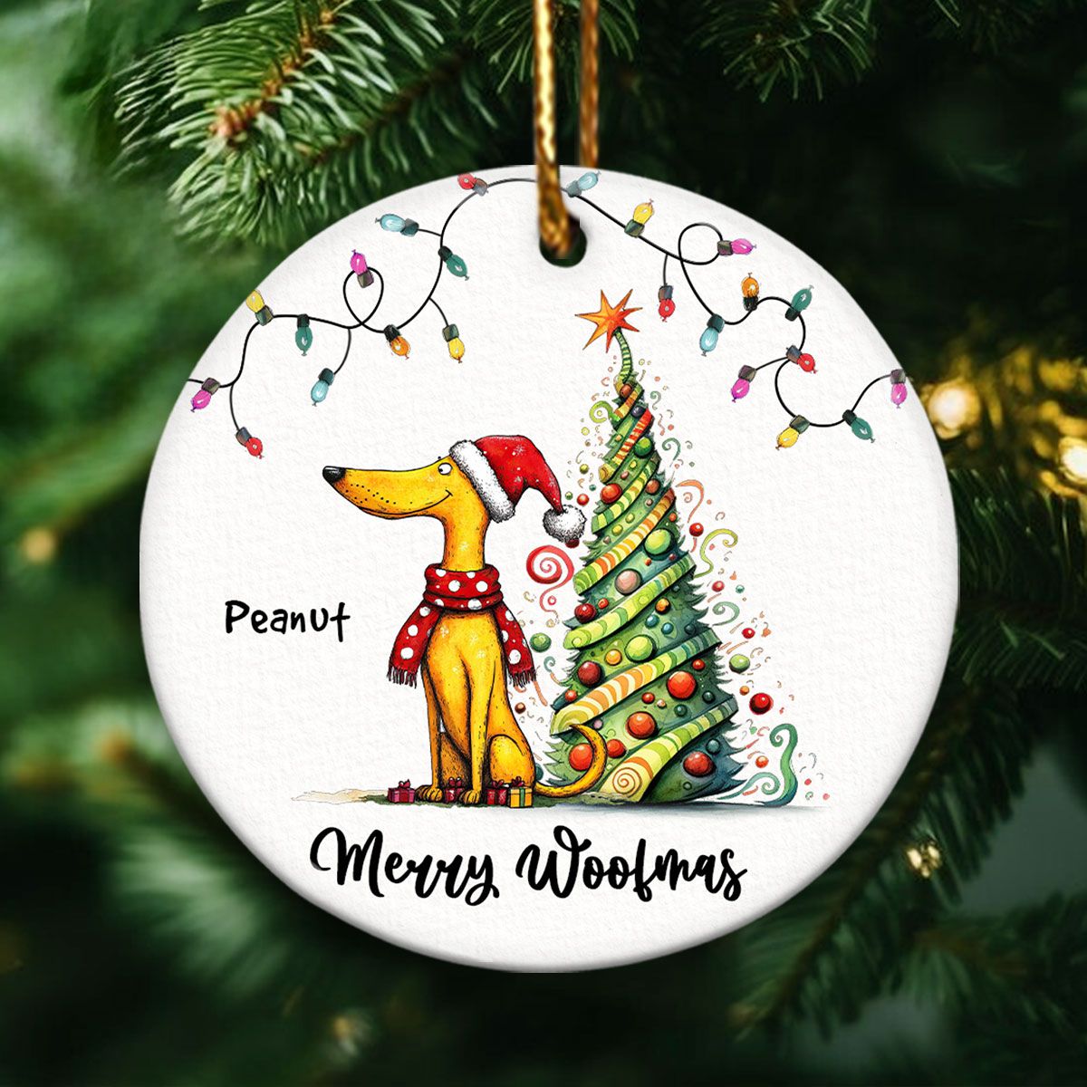 Quirky Christmas Dog Whimsical Funny Silly Pups Puppy Personalized Circle Ceramic Ornament