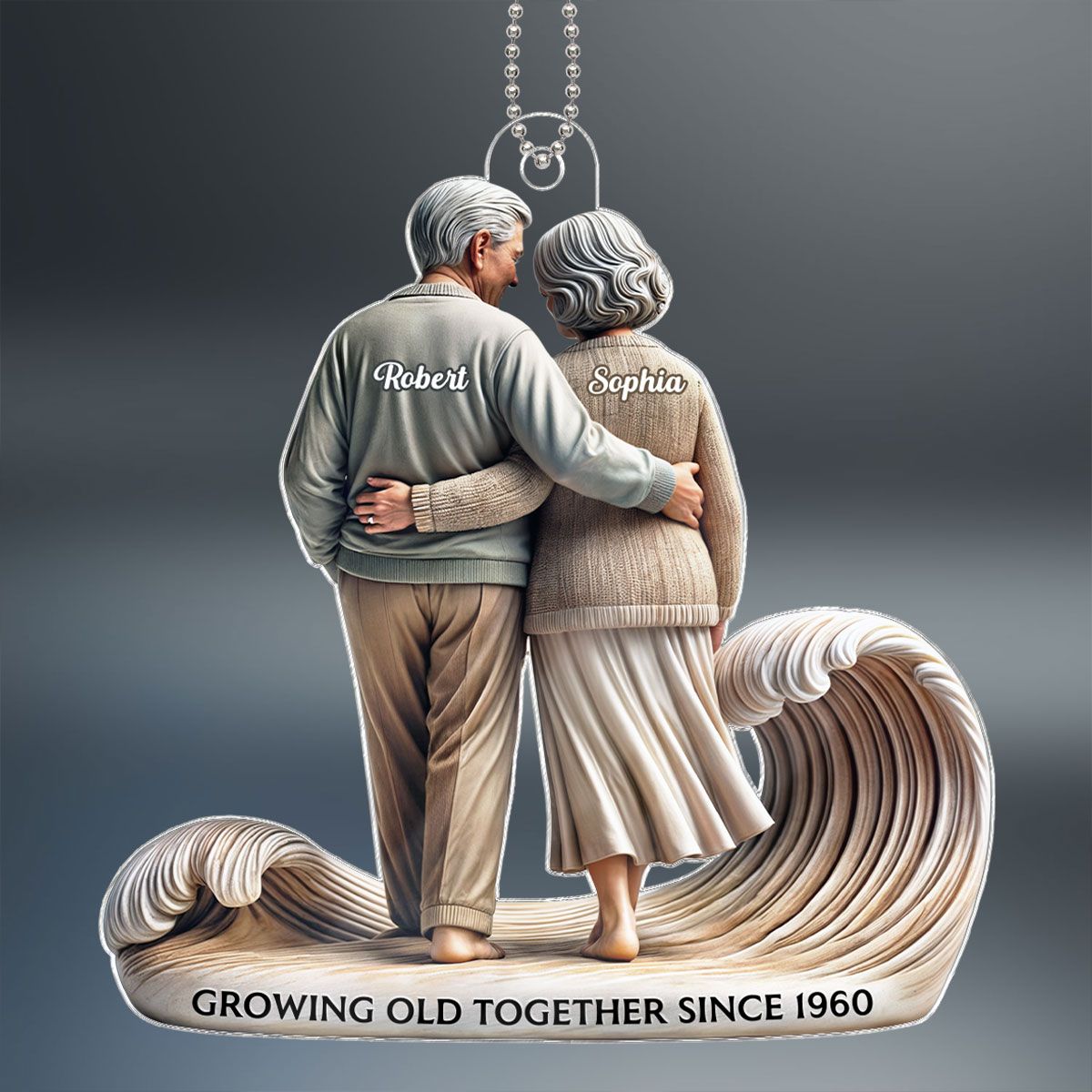 Old Couple Embracing Walking Together On The Beach Personalized Car Hanger Ornament, Heartfelt Gift For Couple, For Him, For Her, Husband, Wife