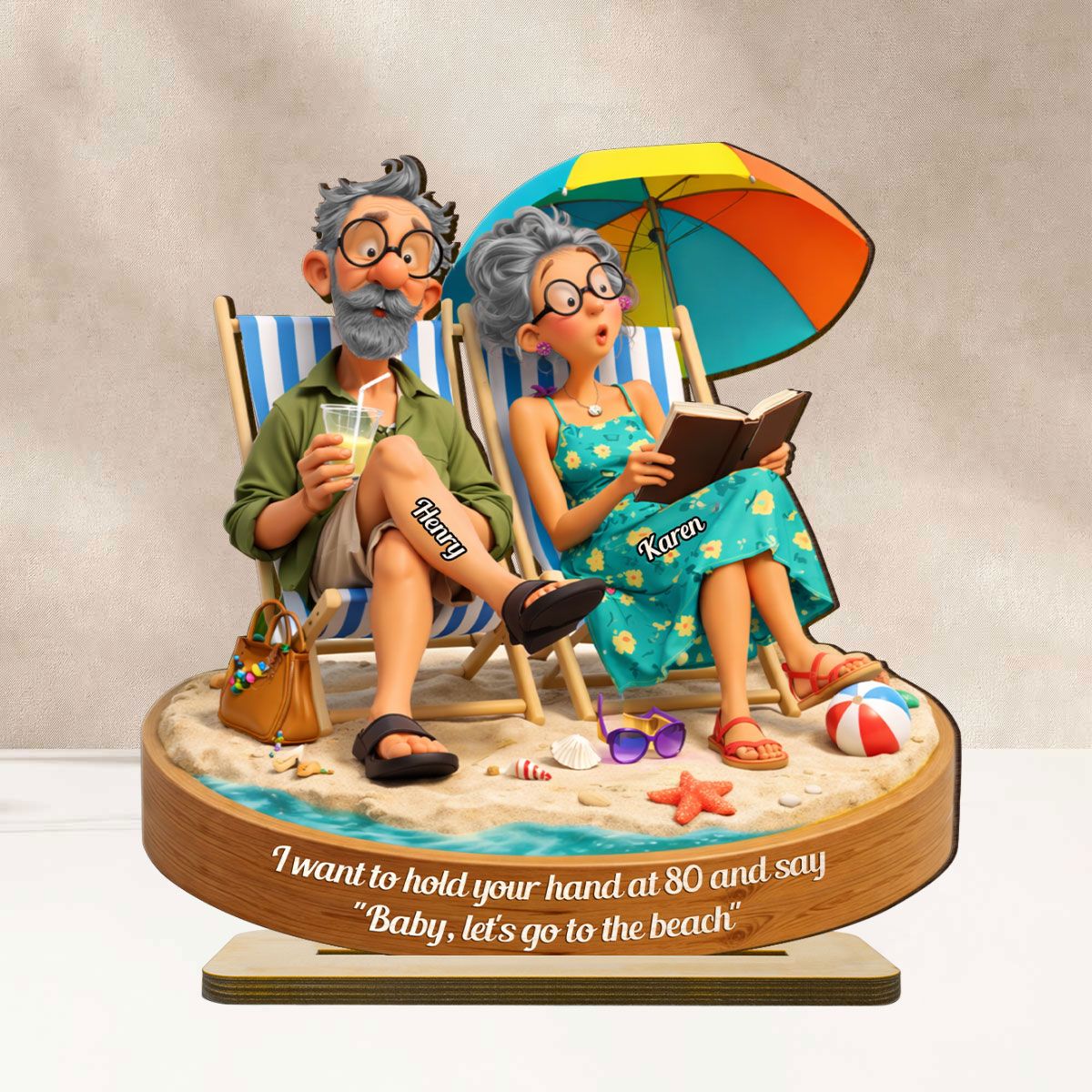 Quirky Elderly Couple On The Beach - Personalized 2-Layered Wooden Plaque - Heartfelt Anniversary, Valentine's Day Gift, Gift For Him, Gift For Her