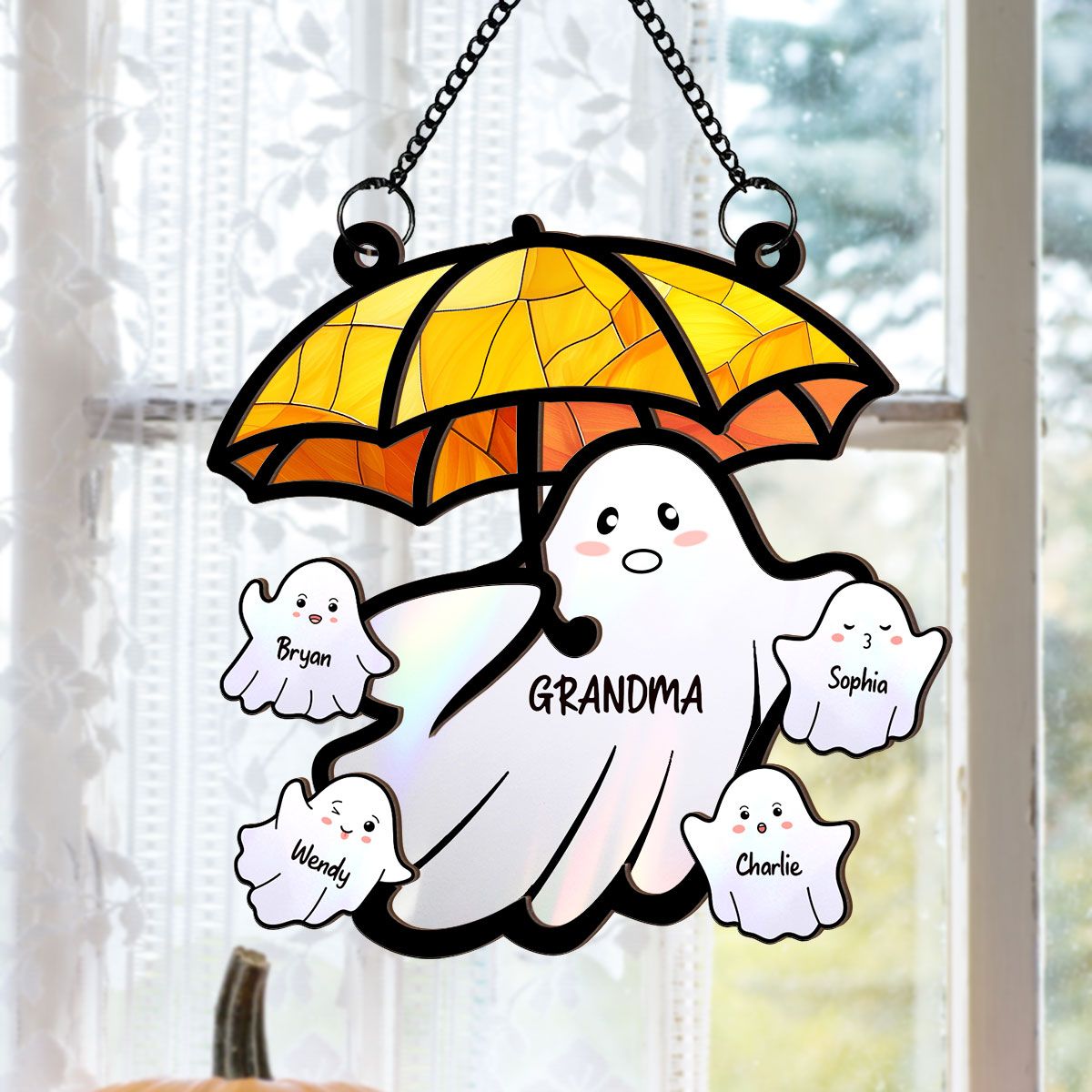 Grandma Funny Ghost with Umbrella Personalized Suncatcher, Halloween Stained Glass Decor