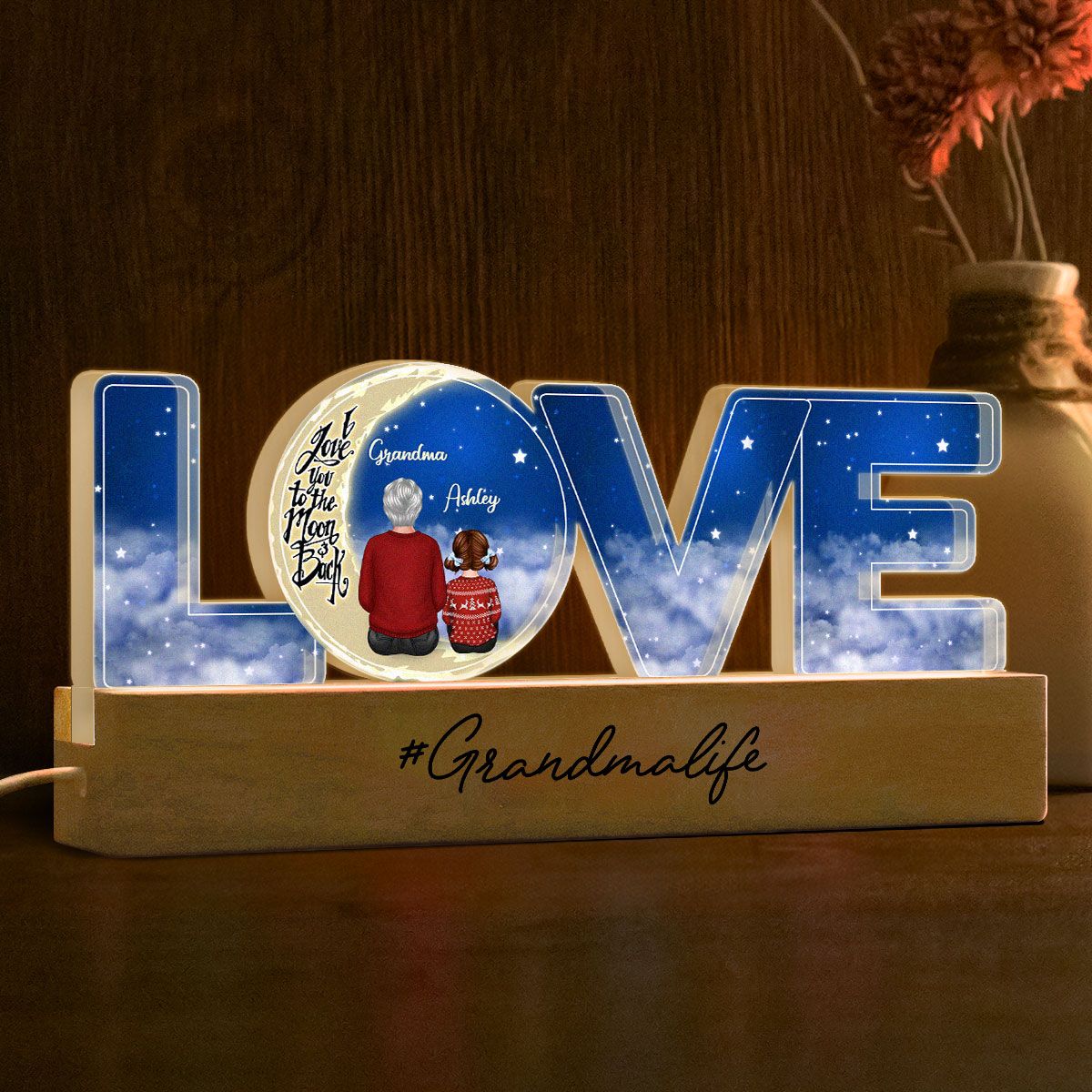 Love Grandma Life Grandma Grandkids On Moon Personalized Acrylic LED Night Light, Gift For Granddaughter, Grandson