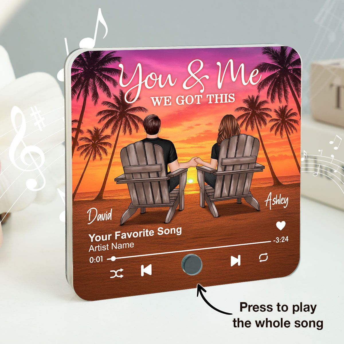 Couple Beach Sunset Under Tree Palm Personalized Music Fridge Magnet, Anniversary gift for him, for her