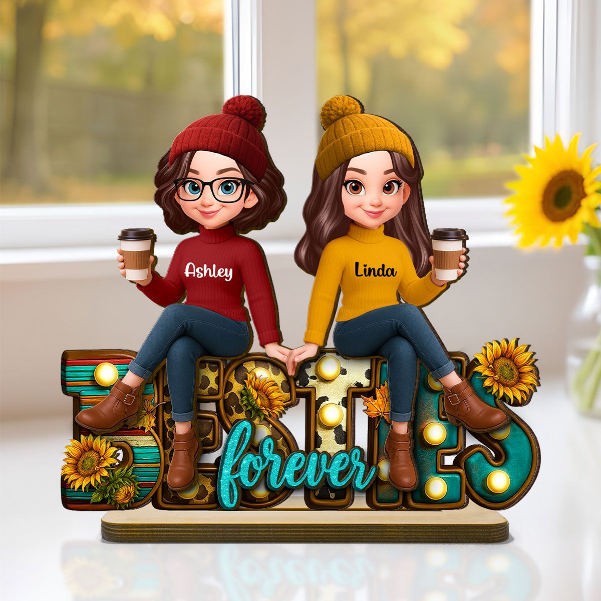 Western Fall Vibe Besties Sitting Personalized Standing Wooden Plaque, Fall Gift for Best Friends