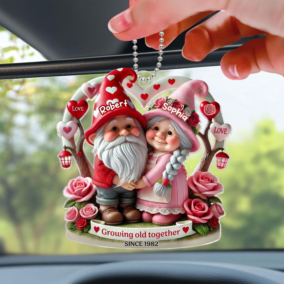 Gnome 3D Effect Old Couple Valentine's Day Gift for him, Gift for her, Personalized Acrylic Car Hanger