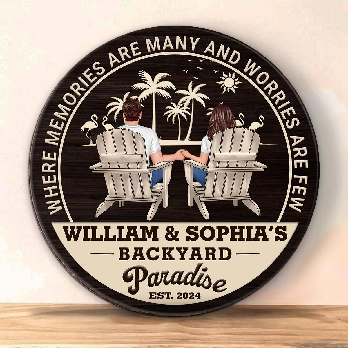 Backyard Paradise Couple Sitting Personalized Wood Sign