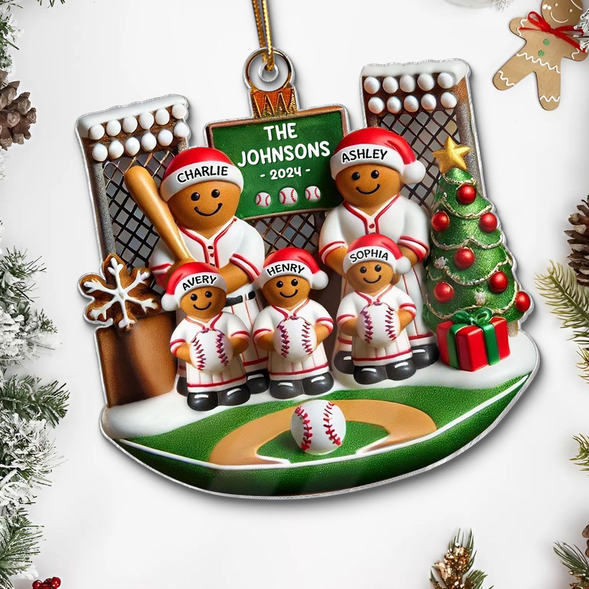 Baseball Gingerbread Family On Field Sport Lover Personalized Acrylic Ornament