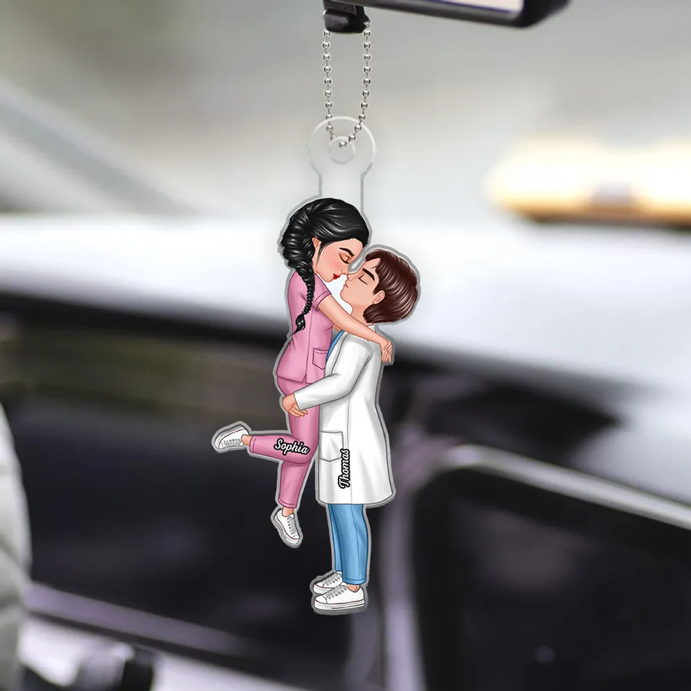 Hero Couple Hugging Kissing Personalized Acrylic Car Hanger Ornament, Anniversary Valentine's Day Gift For Him, For Her, For The Couple