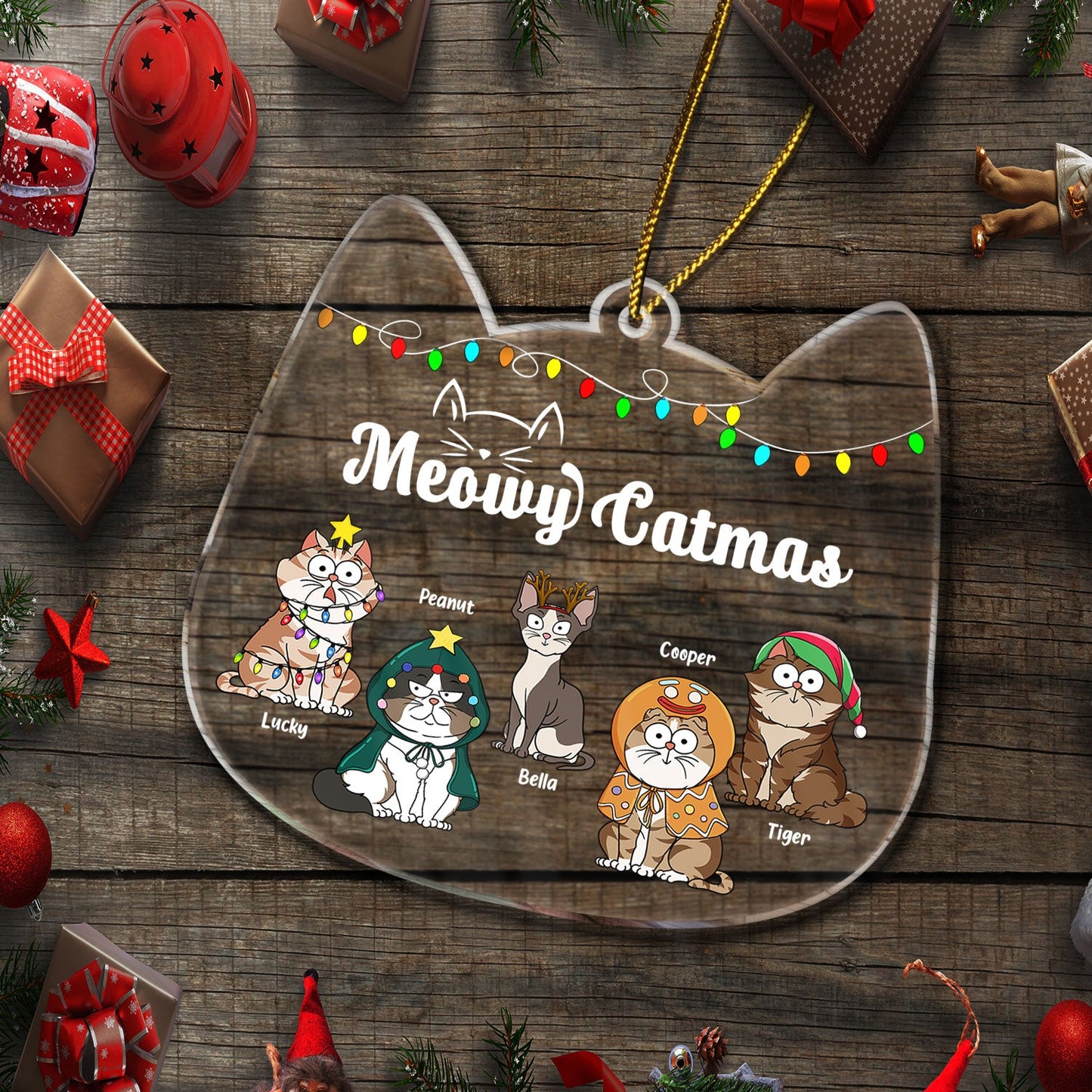 Meowy Catmas Funny Cartoon Cats - Christmas Gift For Cat Lovers - Personalized Custom Shaped Acrylic Ornament