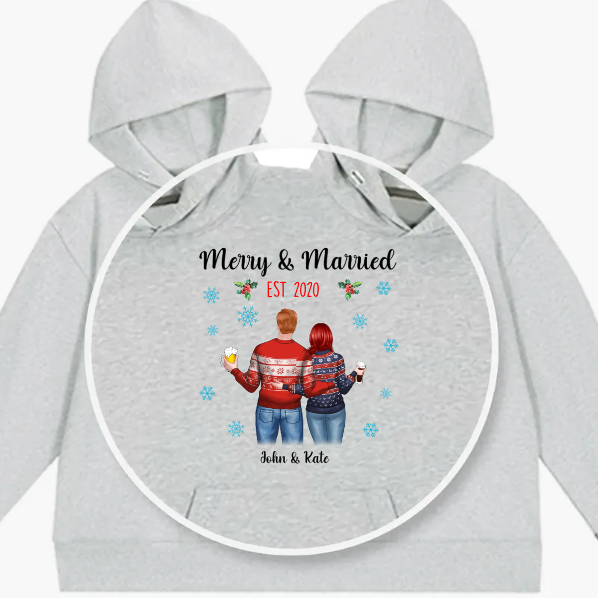 Merry And Married Couple Standing Christmas Personalized Couple One-Piece Hoodie Sweatshirt