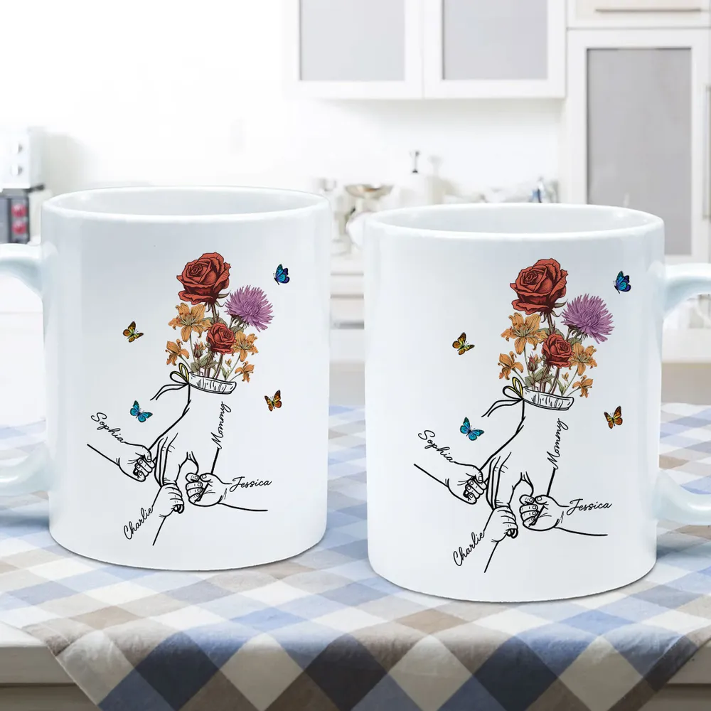 Holding Mom Grandma Hand Birth Month Flowers Personalized Mug