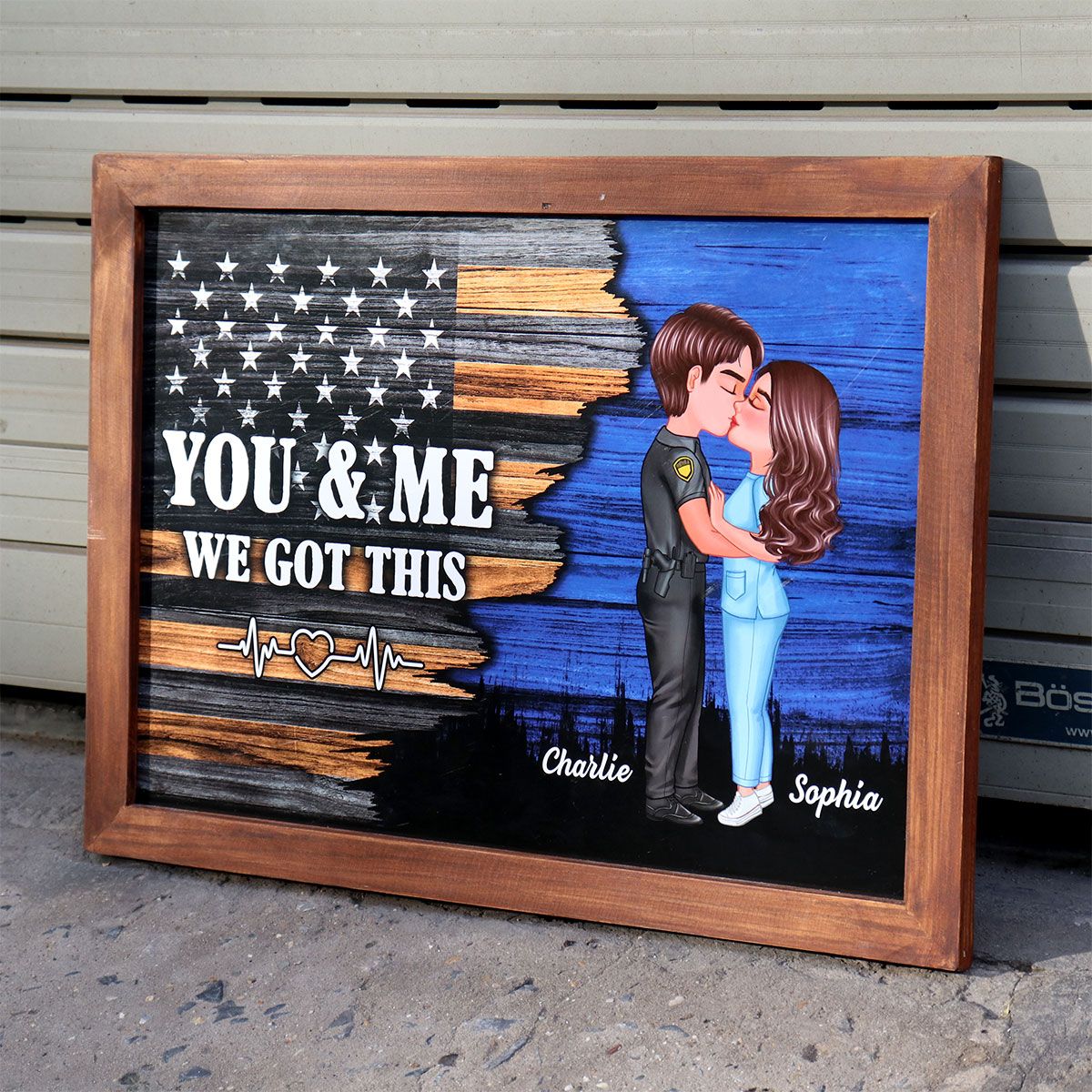 Hero Couple Kissing Half Flag Gifts by Occupation Firefighter, Nurse, Police Officer Personalized Horizontal Poster