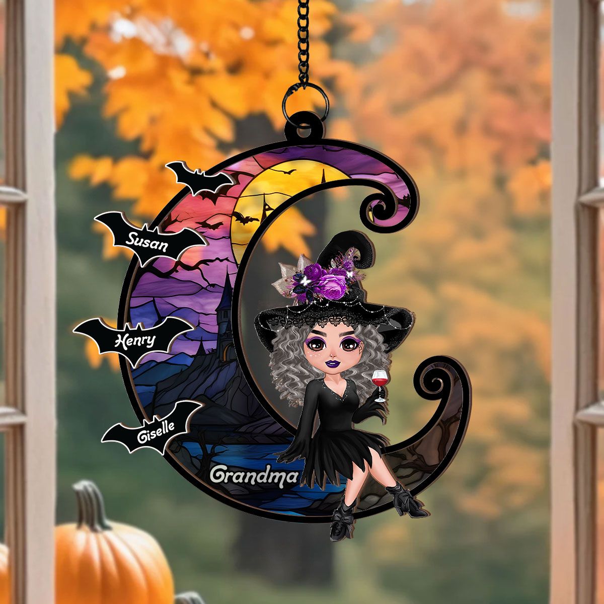 Grandma Mom Witch On Moon Personalized Suncatcher, Halloween Decor