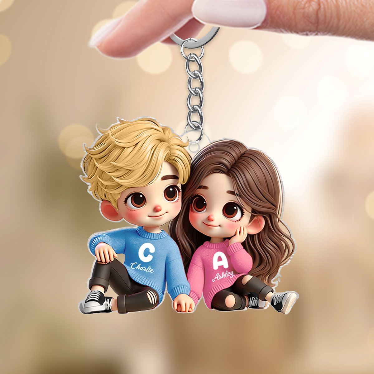 Cute Couple Sitting Together Personalized Acrylic Keychain, Gift for him, Gift for her