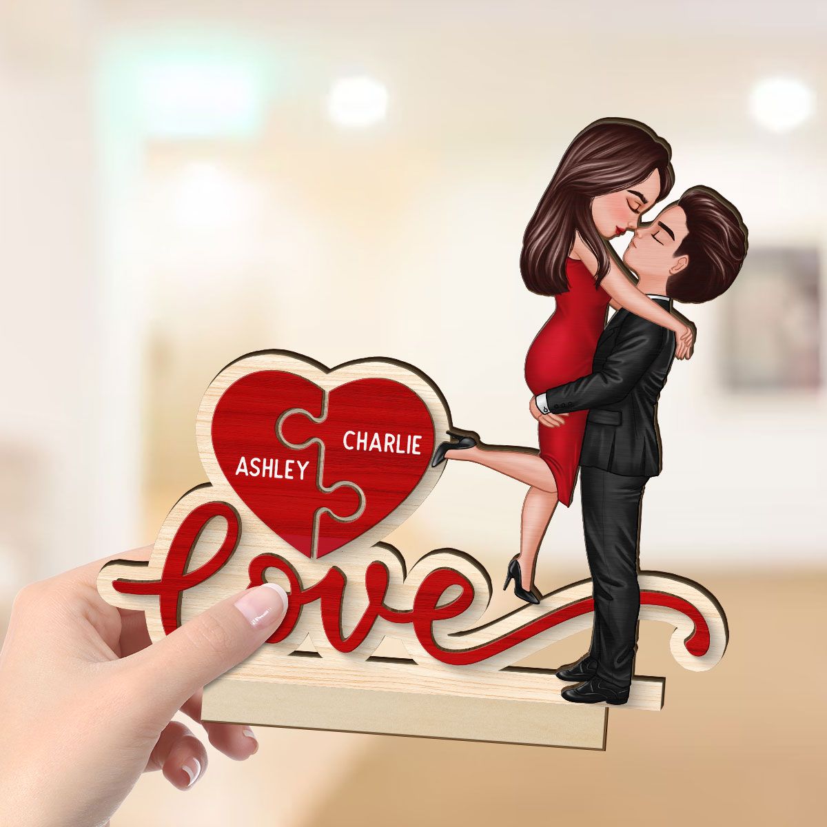 Couple Hugging Kissing Love Missing Piece Personalized 2-Layer Standing Wooden Plaque, Valentine's Day Gift For Him or Her