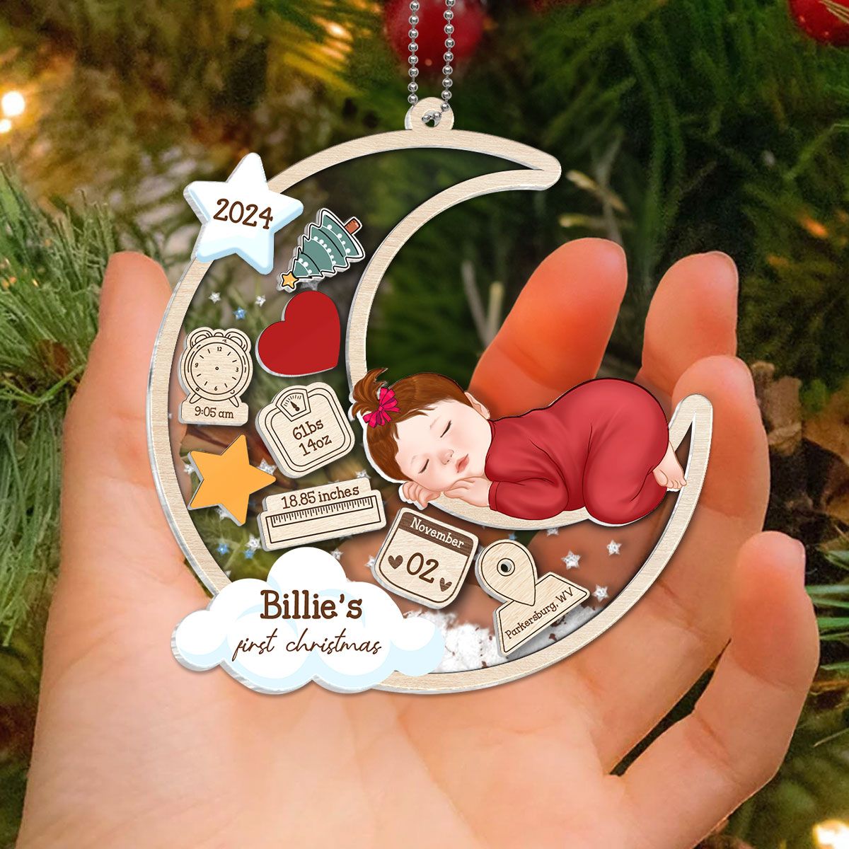 Baby Sleeping On Moon First Christmas Personalized Acylic Ornament, Custom Newborn Gift