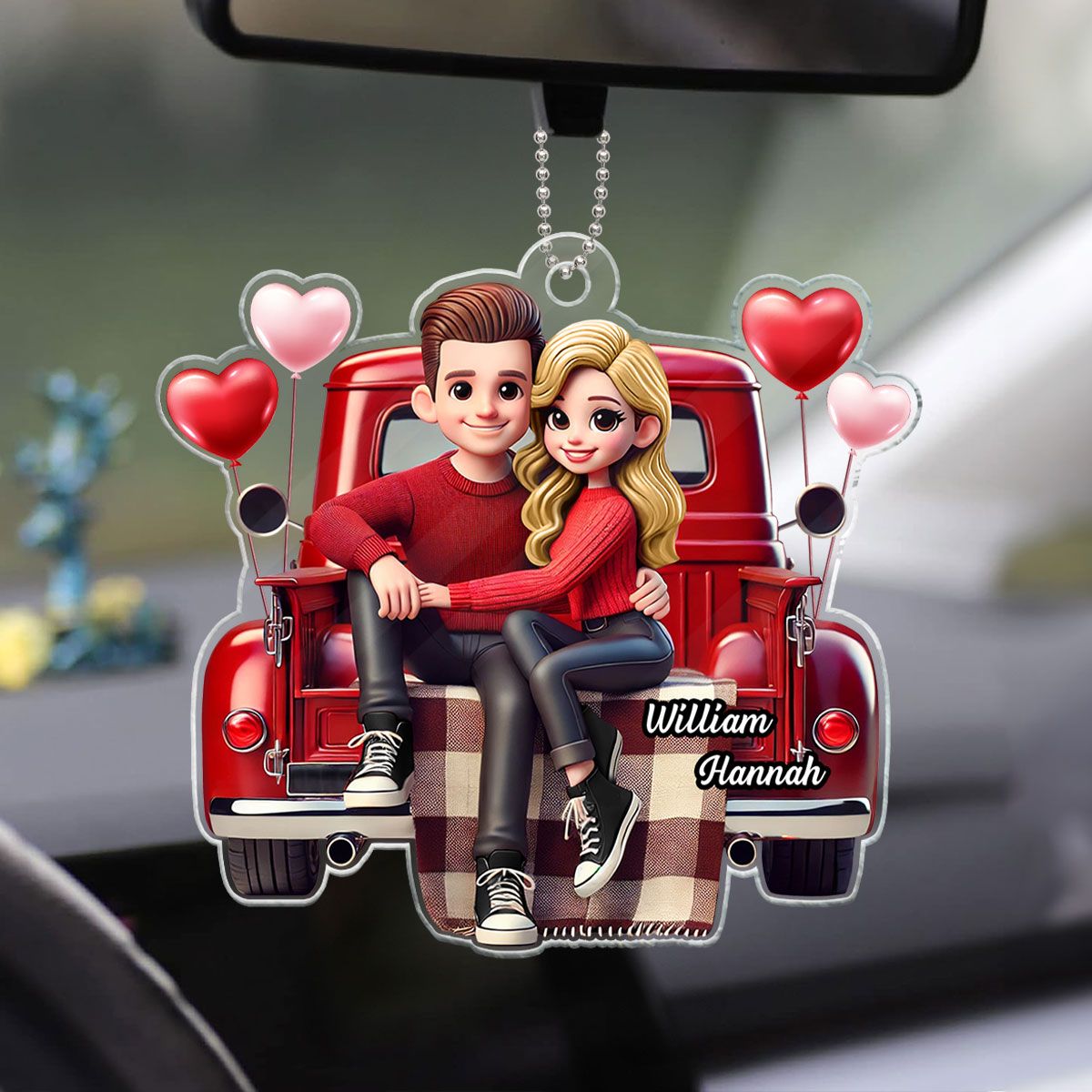 Couple Sitting On Red Truck Personalized Acrylic Car Hanger, Valentine's Day Gift, Anniversary Gift For Couples