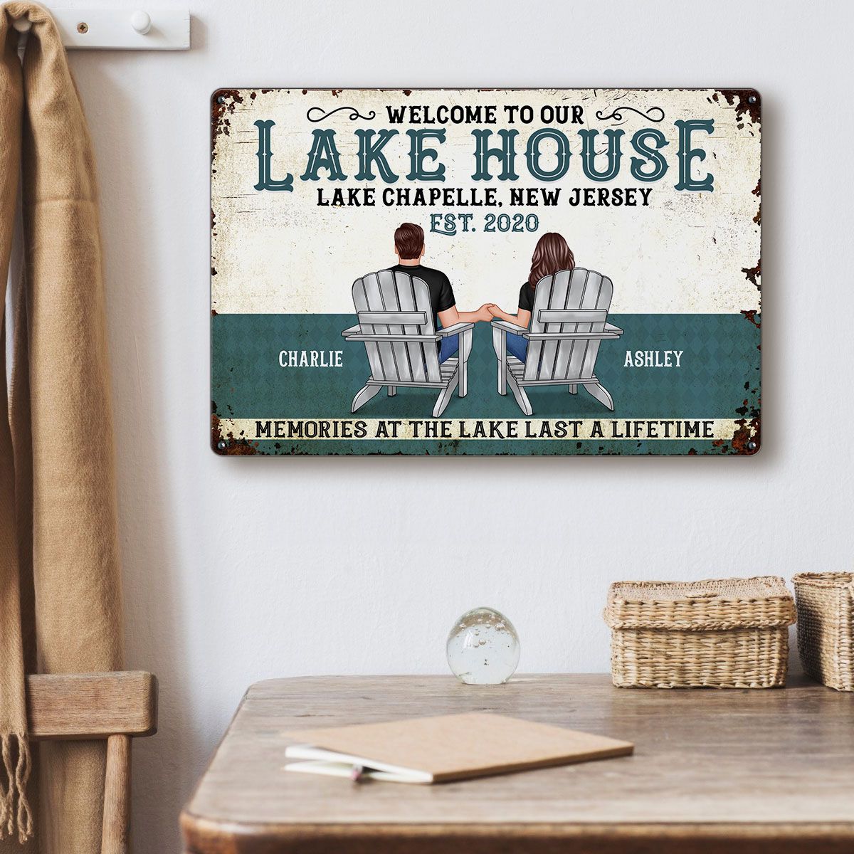 Welcome To Our Lake House Back View Couple Personalized Metal Sign