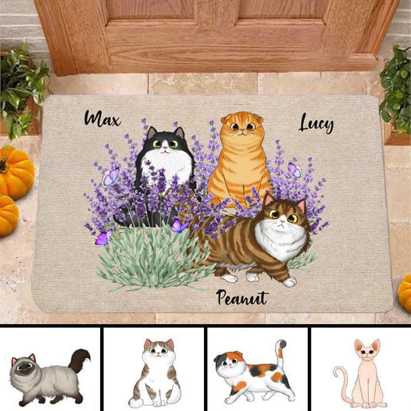 Lavender Fluffy Cat Personalized Doormat