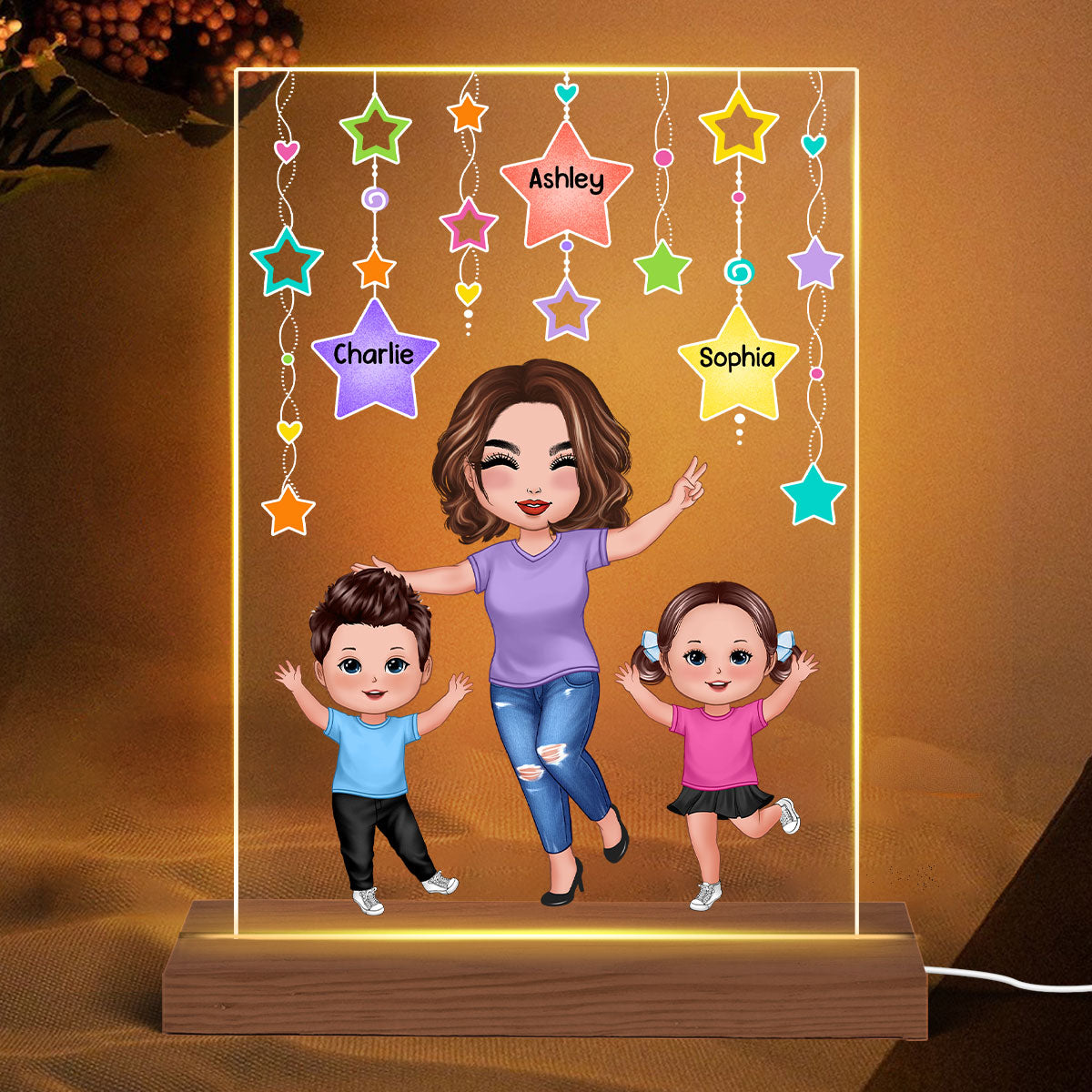 Star Strings Happy Doll Grandma Mom And Kids Personalized Rectangle Acrylic Plaque LED Night Light