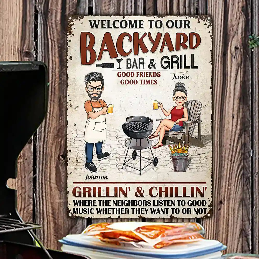 Backyard Bar Cartoon Couple Listen To The Good Music - Personalized Classic Metal Signs