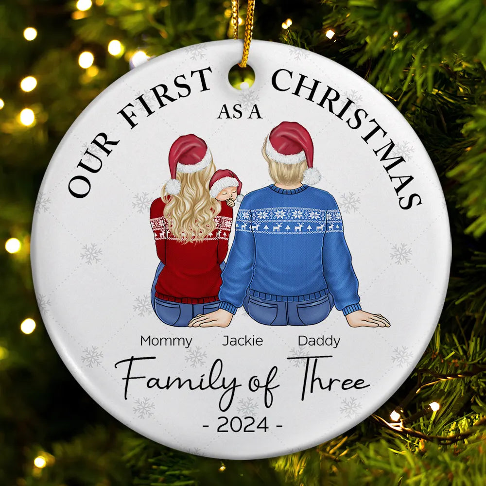 First Christmas As A Family Of Three New Parents - Personalized Circle Ceramic Ornament