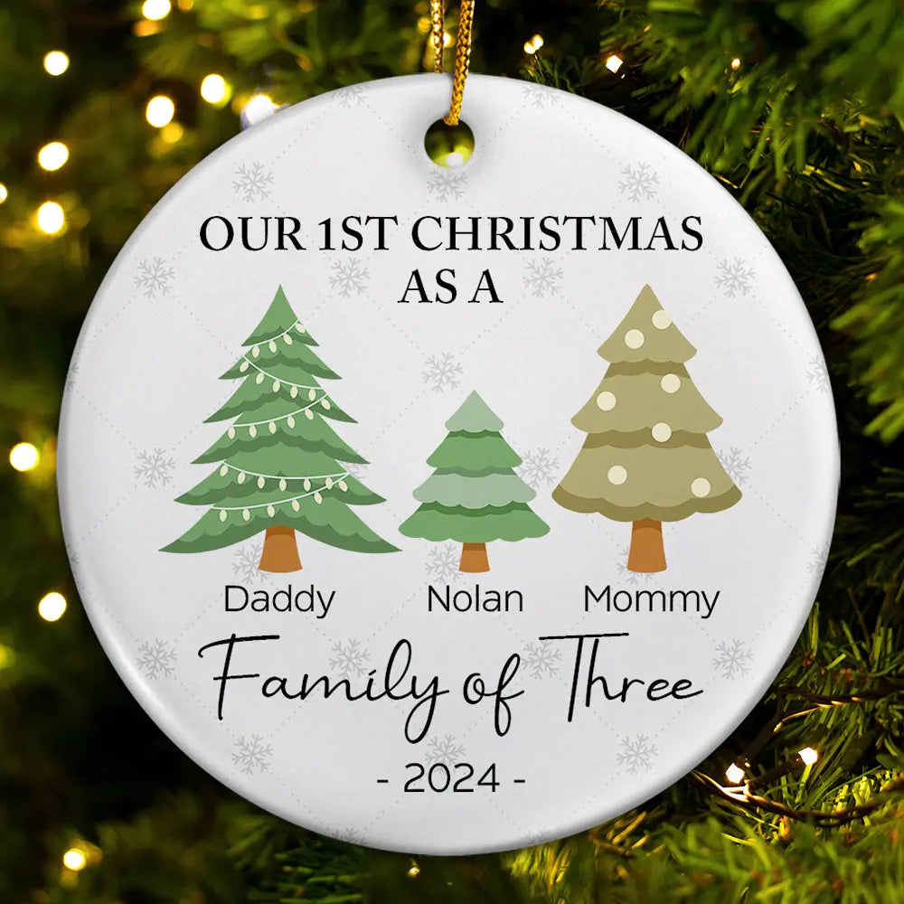 First Christmas As A Family Of Three - Personalized Circle Ceramic Ornament