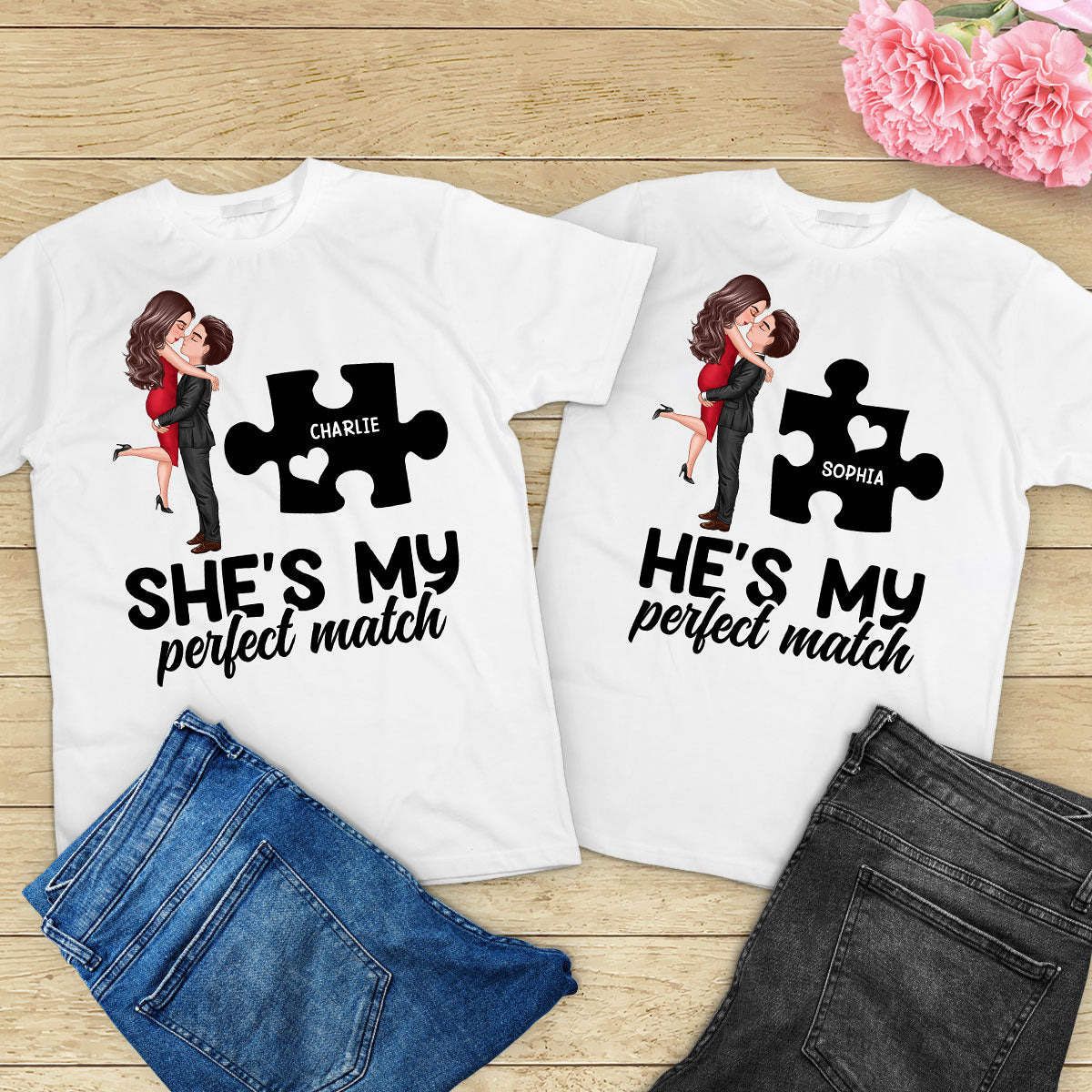 Couple Perfect Match Puzzle Couple Hugging Kissing Valentine‘s Day Personalized Matching Shirts