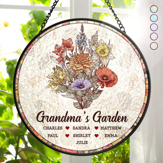 Grandma's Garden Nana Mom Birth Flower - Personalized Stained Glass Window Hanging Suncatcher
