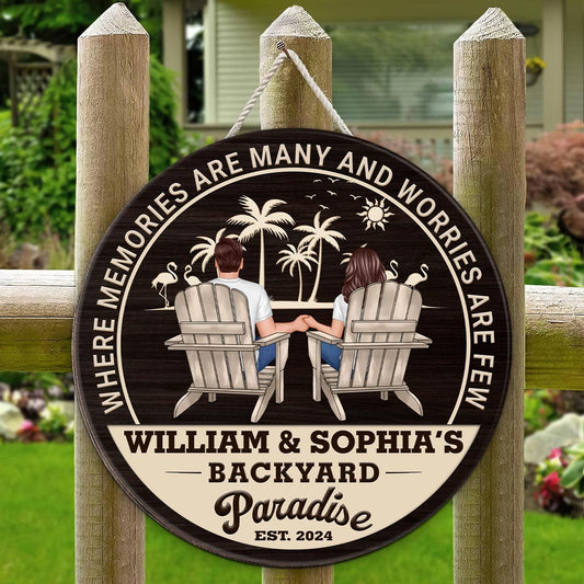 Backyard Paradise Couple Sitting Personalized Wood Sign