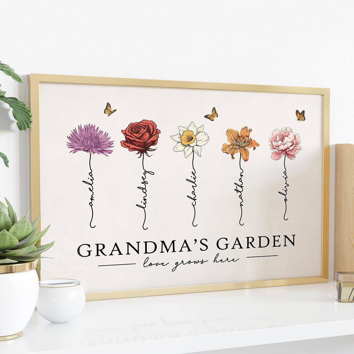 Grandma‘s Garden Love Grows Here Beautiful Birth Month Flower Gift For Grandma Mom Personalized Canvas