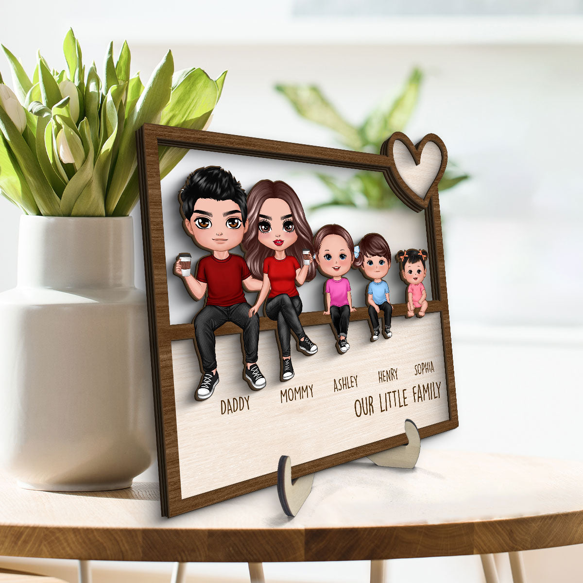 Family Sitting Together Home Decor Housewarming Gift Personalized 2-Layer Wooden Plaque