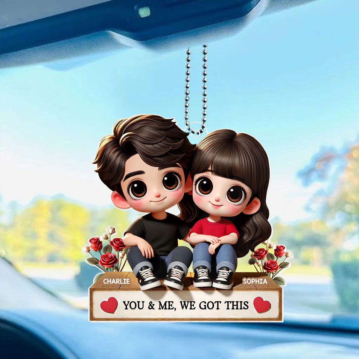 Cartoon Couple Sitting Next To Each Other Personalized Acrylic Car Hanger, Anniversary Valentine's Day Gift for him, Gift for her