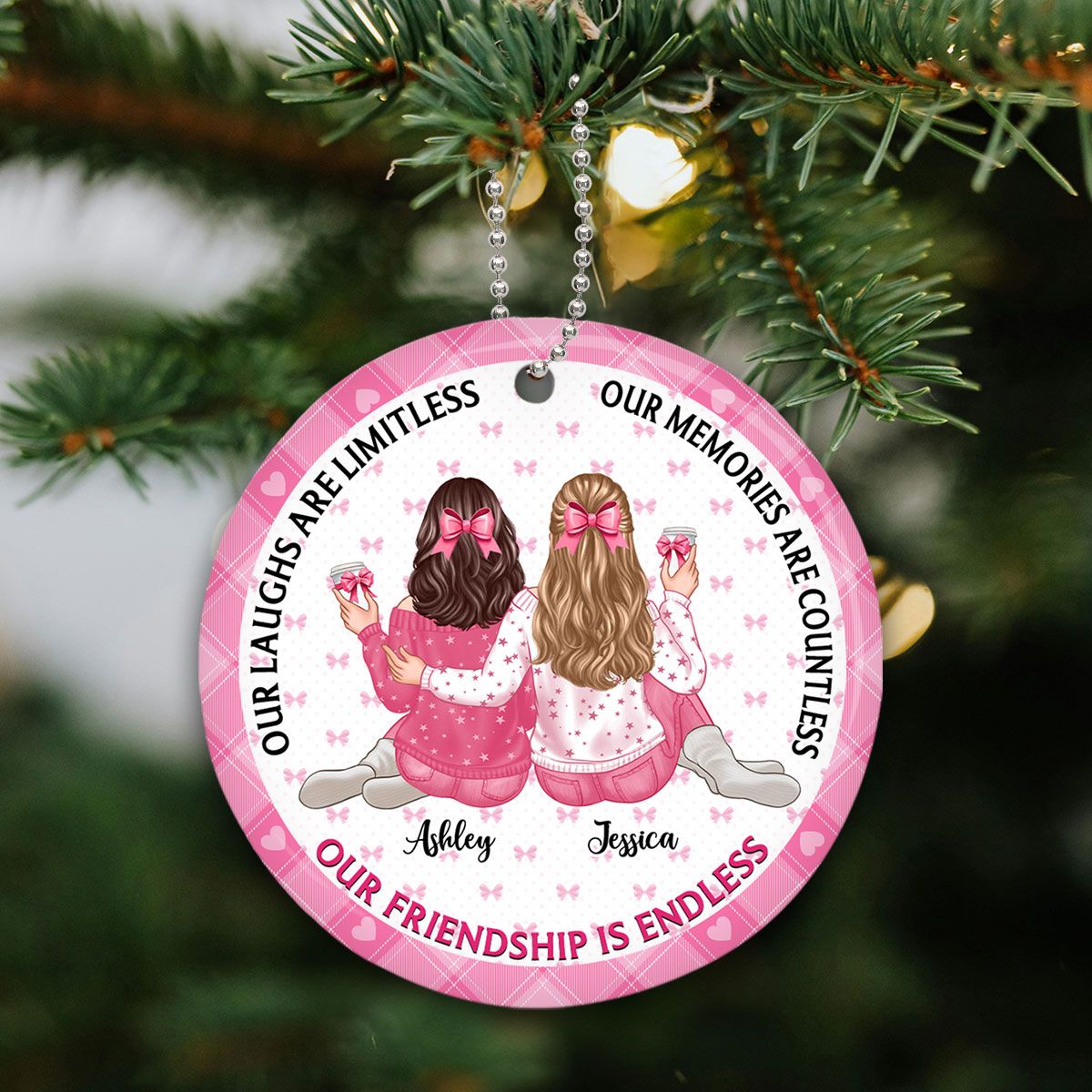 Our Friendship Is Endless Besties Back View Coquette Theme Personalized Ceramic Ornament