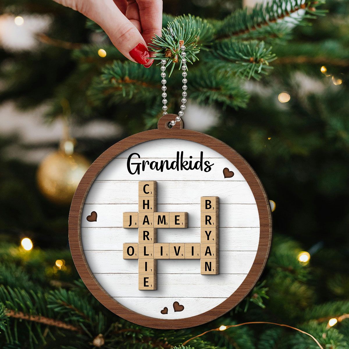 Grandkids Crossword Puzzle Art Personalized 2-Layer Wooden Ornament, Christmas Gift For Grandma, Gift For Mom