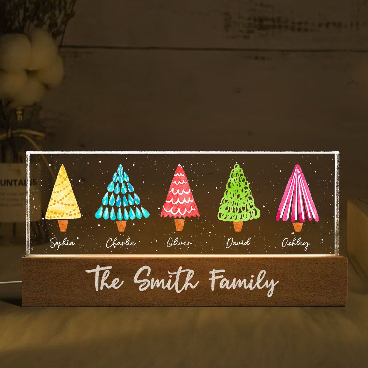 Colorful Christmas Tree Family Personalized Acrylic Block LED Night Light