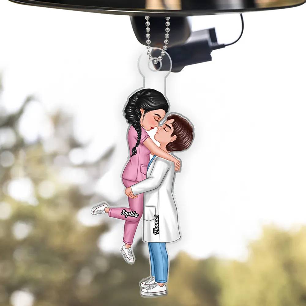 Hero Couple Hugging Kissing Personalized Acrylic Car Hanger Ornament, Anniversary Valentine's Day Gift For Him, For Her, For The Couple