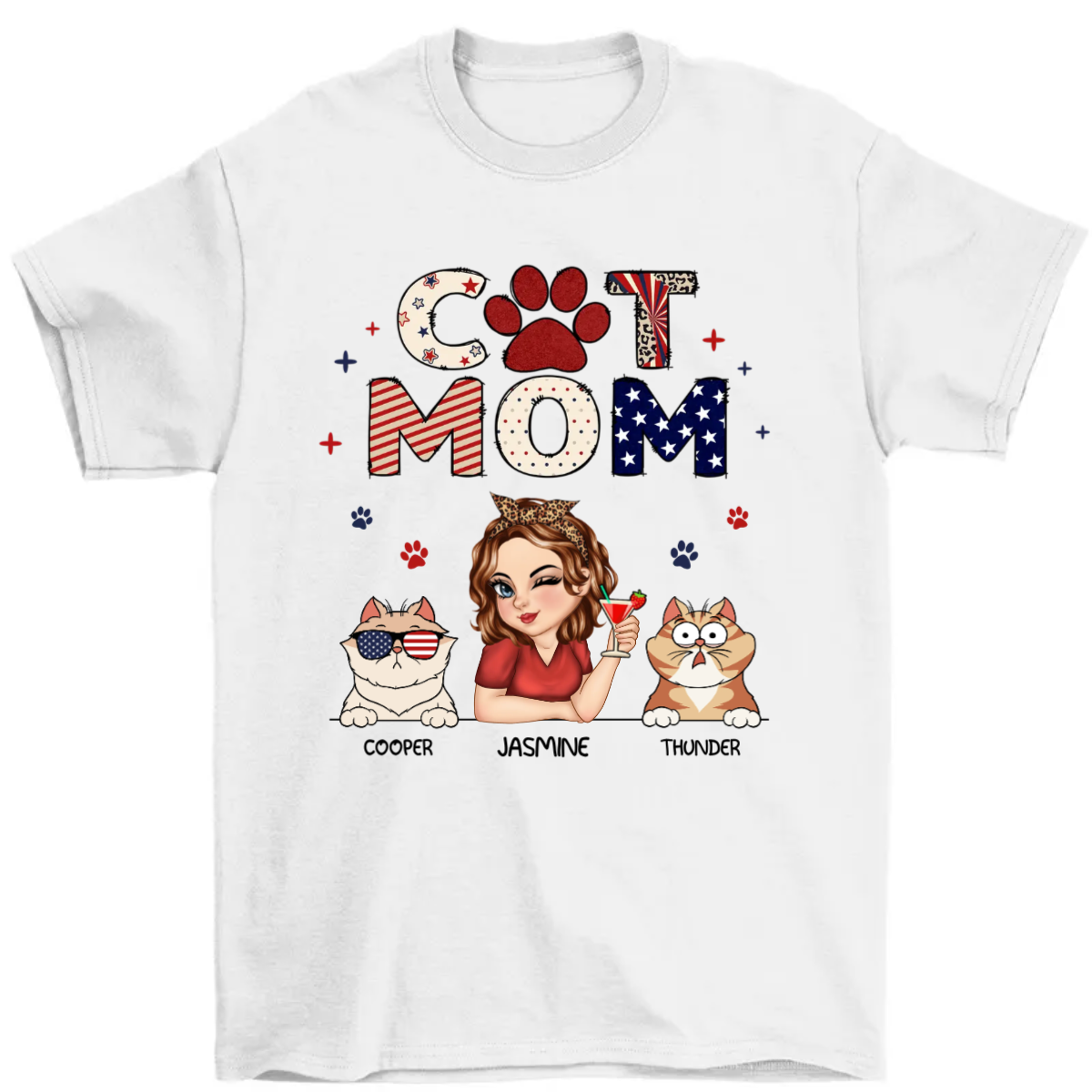 Cat Mom Stars And Stripes - Personalized T Shirt