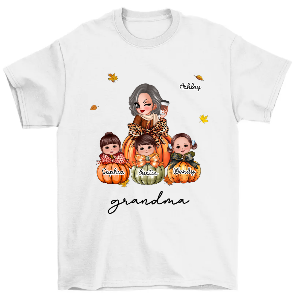 Grandma Mom Kids On Pumpkin Personalized Shirt, Fall Season Gift For Mom Grandma