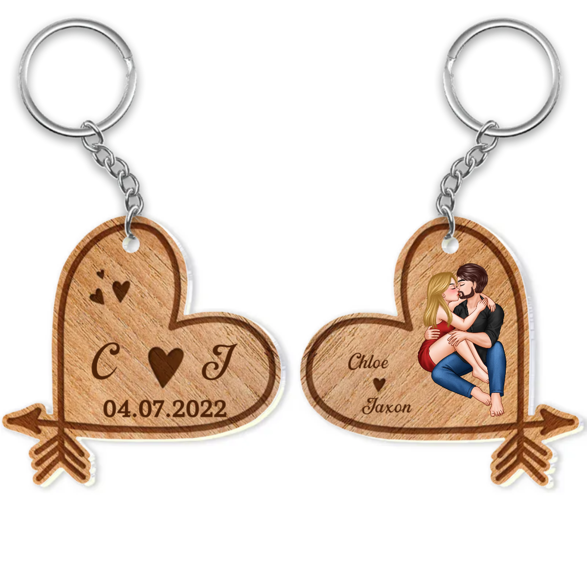 Doll Couple Sitting Kissing Heart Arrow - Personalized Acrylic Keychain