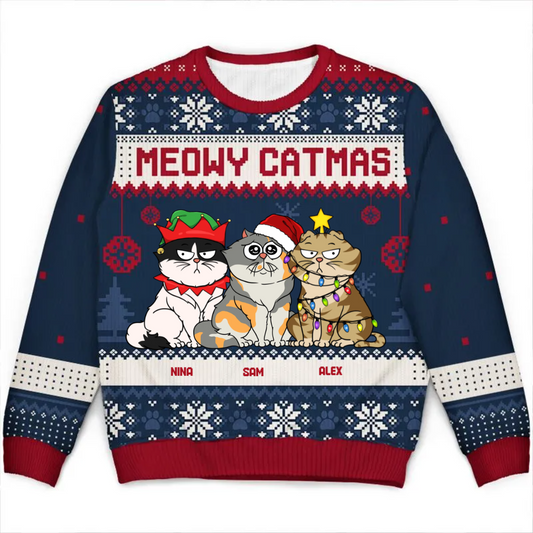 Meowy Catmas Funny Cartoon Cats - Christmas Gift For Cat Lovers, Cat Moms, Cat Dads - Personalized Unisex Ugly Sweater