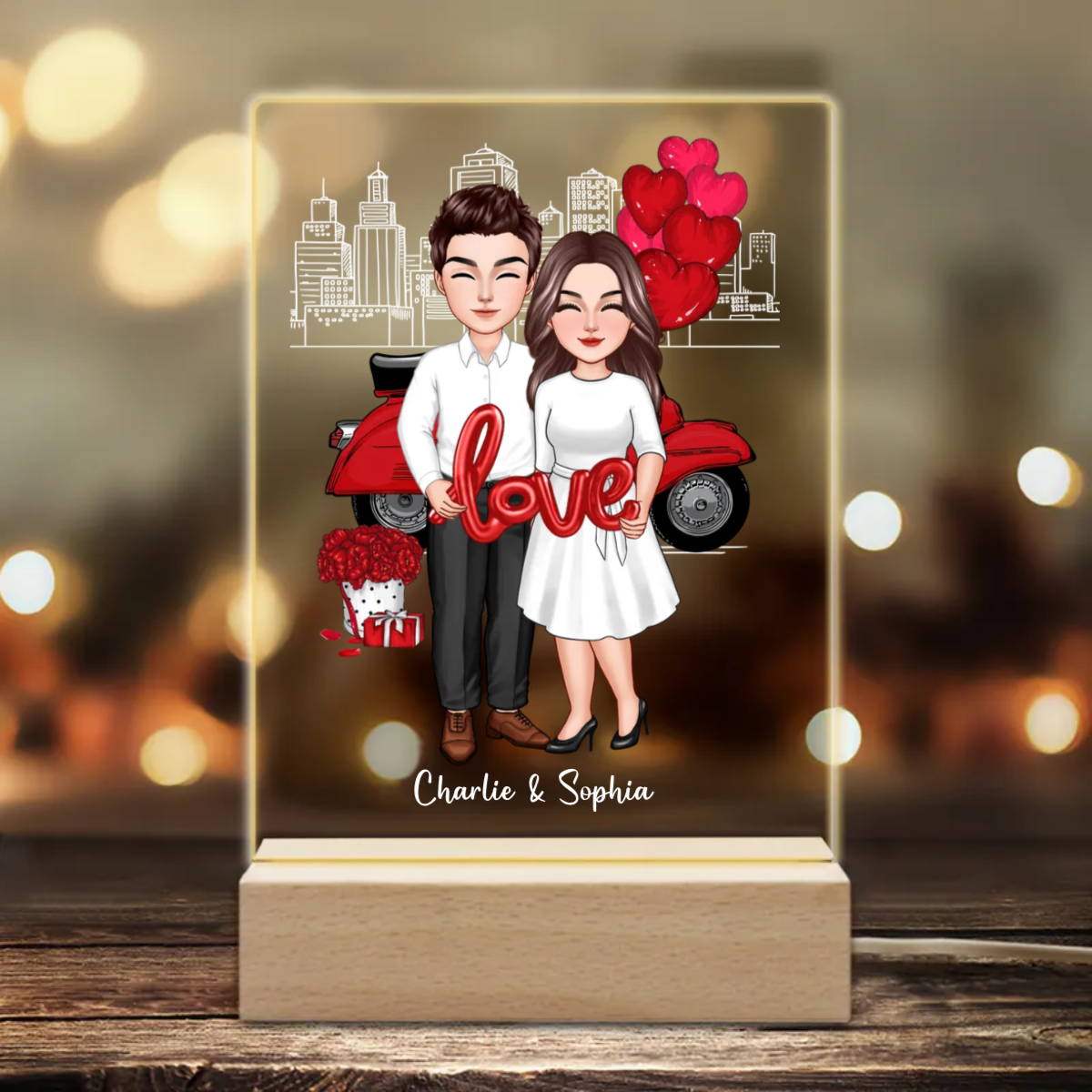 Couple Holding Love Balloon Valentine‘s Day Gift Personalized Rectangle Acrylic LED Night Light