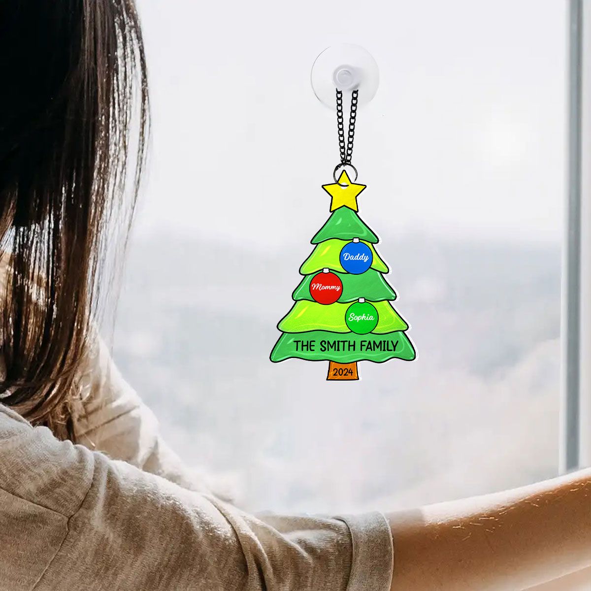 Family Christmas Tree with Jingle Bells Personalized Suncatcher, Christmas Stained Glass Decor