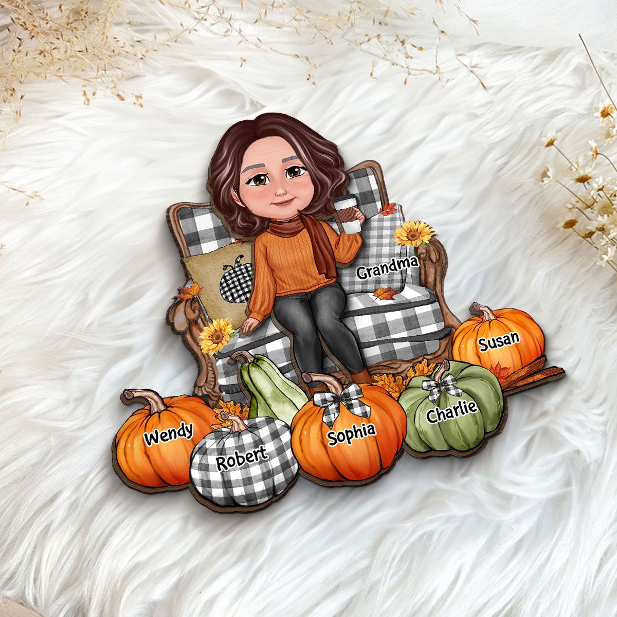 Grandma Sitting On Chair Pumpkins Personalized 2-Layer Wooden Plaque