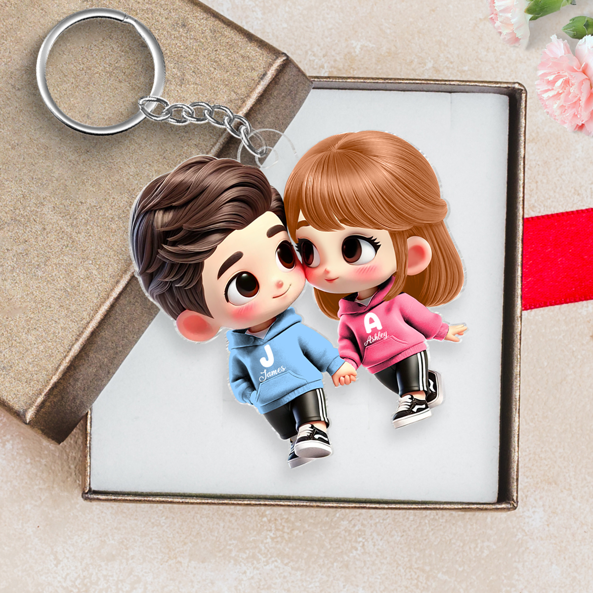 Cute Cartoon Couple Holding Hands Personalized Acrylic Keychain, Anniversary & Valentine's Day Gift for him, Gift for her